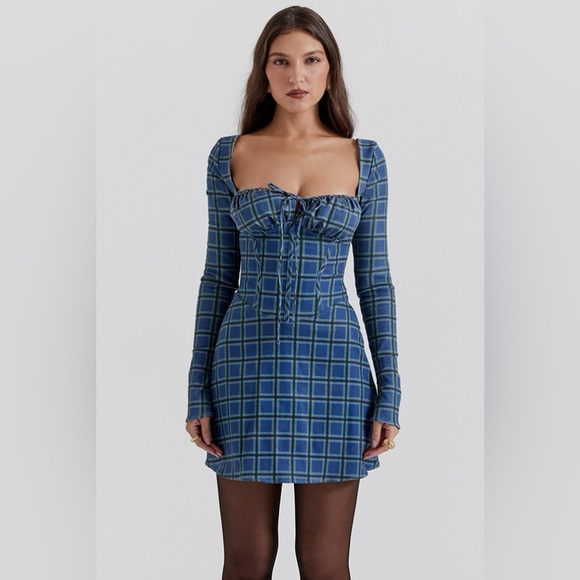 HOUSE OF CB 'Malika' Blue Tartan Corset Mini Dress NWOT size L - Picture 11 of 11
